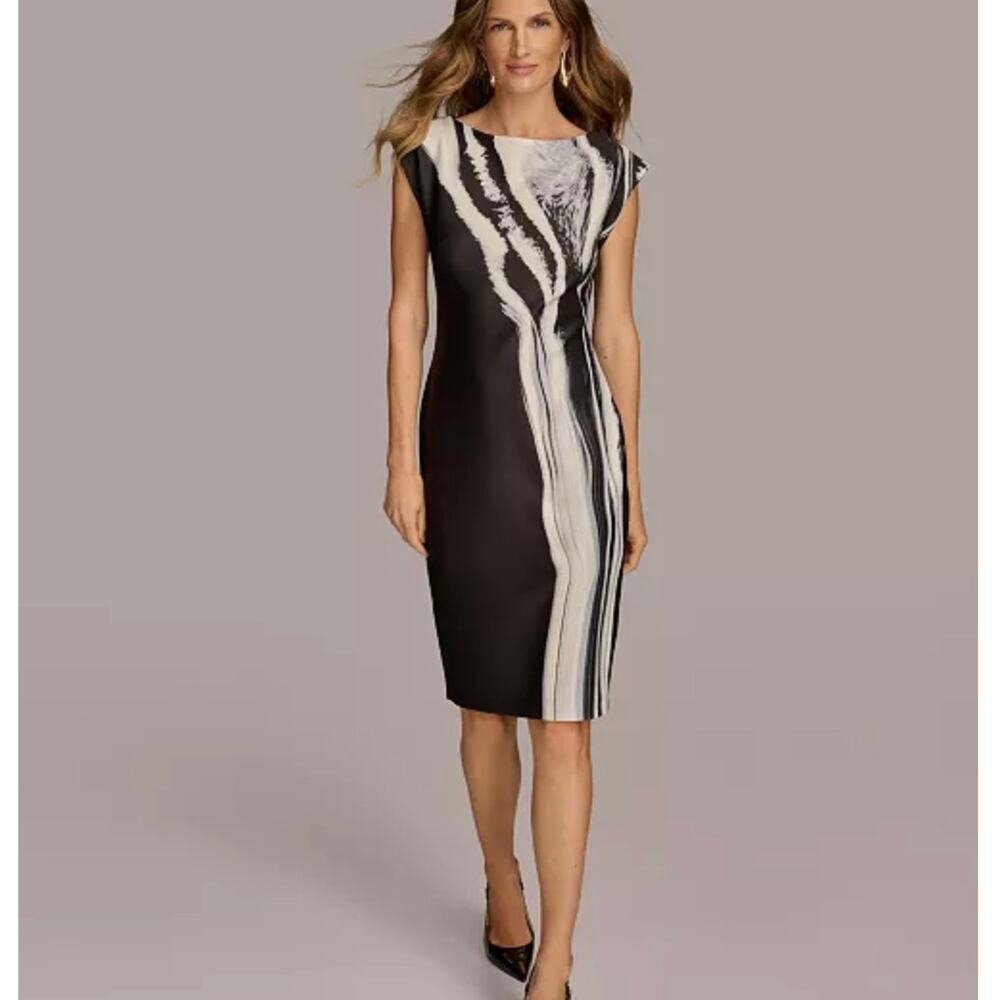Donna Karan Abstract Print Scuba Sheath Dress Women's Size 10 Black White Cap Sl
